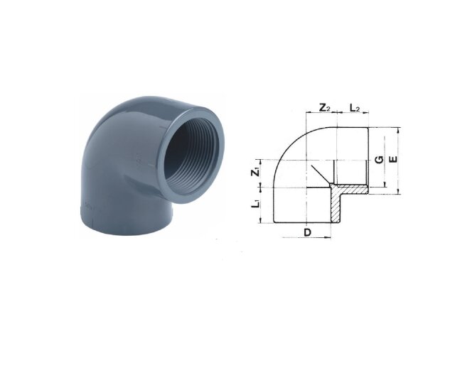 Cepex PVC Winkel Ø 50 mm 90° mit 1,5" Innengewinde PVC Klebewinkel