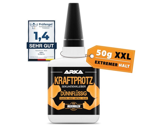 ARKA Kraftprotz 50g dünnflüssiger Sekundenkleber extra stark- verwendbar für Plastik, Kunststoff, Glas, Holz, Stein, Metall uvm.
