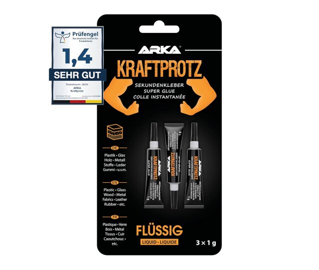ARKA Kraftprotz 3*1g Set flüssiger Sekundenkleber extra stark- verwendbar für Plastik, Kunststoff, Glas, Holz, Stein, Metall uvm.