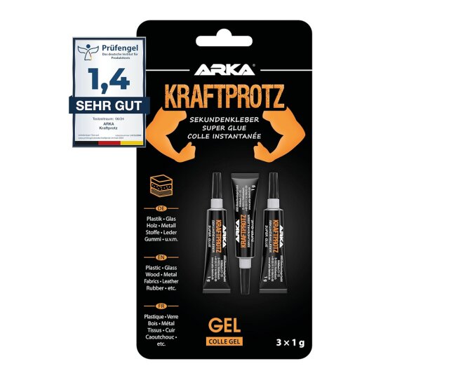 ARKA Kraftprotz 3*1g Set Gel dickflüssiger Sekundenkleber extra stark- verwendbar für Plastik, Kunststoff, Glas, Holz, Stein, Metall uvm.
