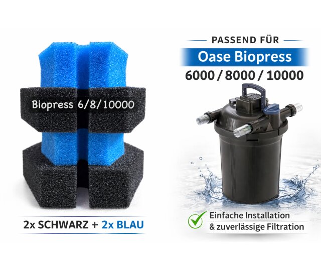 KH Filterschwammset Oase Biopress 6000-8000-10000 Filter 2x schwarz 2x blau passend für Oase