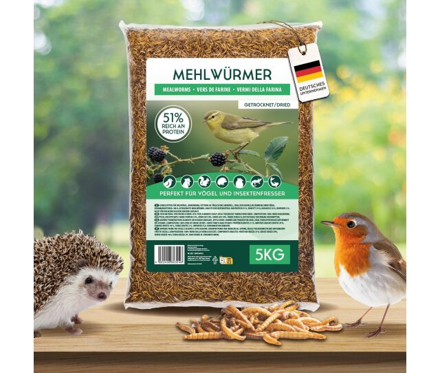 5 kg /28 l Mehlwürmer getrocknet – Insektensnack Vögel Nager, Koi, Schildkröten-Reptilien
