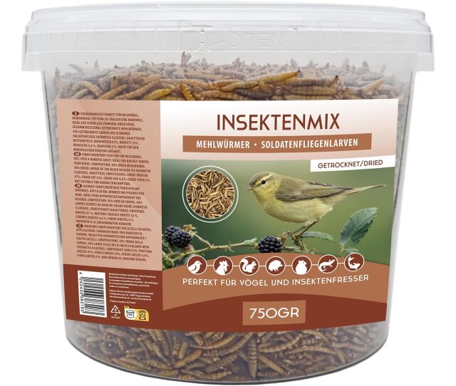 5 l Mix aus Mehlwürmern- Soldatenfliegen getrocknet – Insektensnack Vögel Nager, Koi, Schildkröten-Reptilien